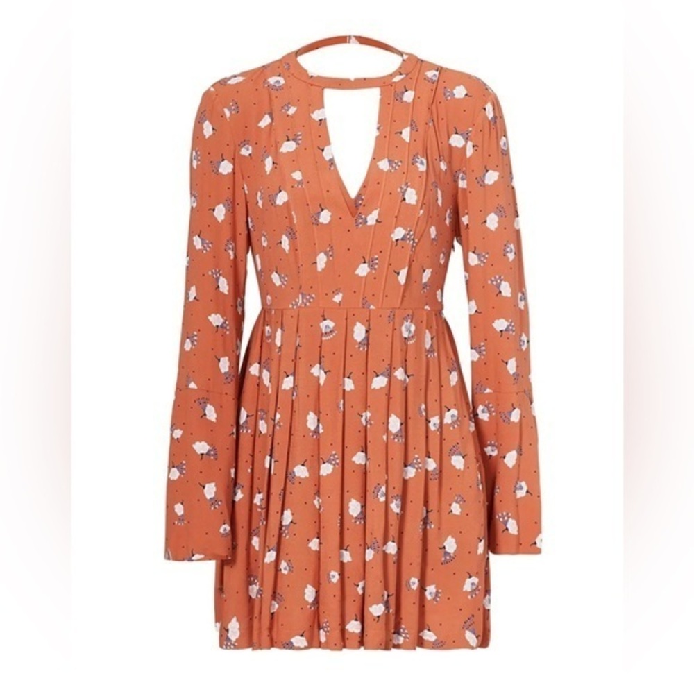 Free People Burnt Orange Floral Keyhole Long Sleeve Mini Dress